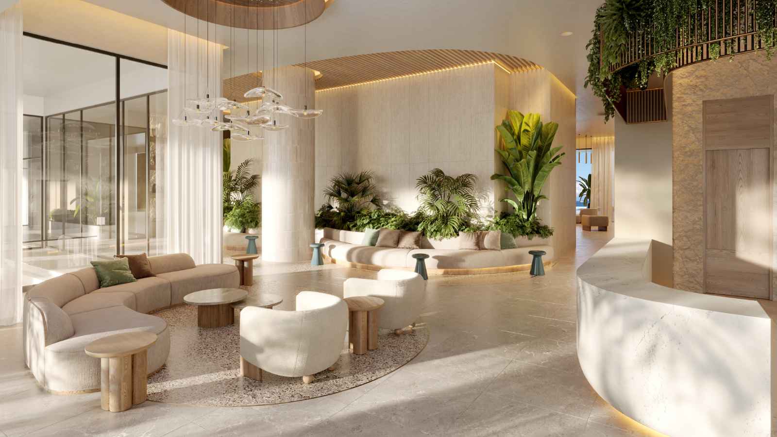 Render del lobby de Aquamarine con áreas de descanso y vegetación interior