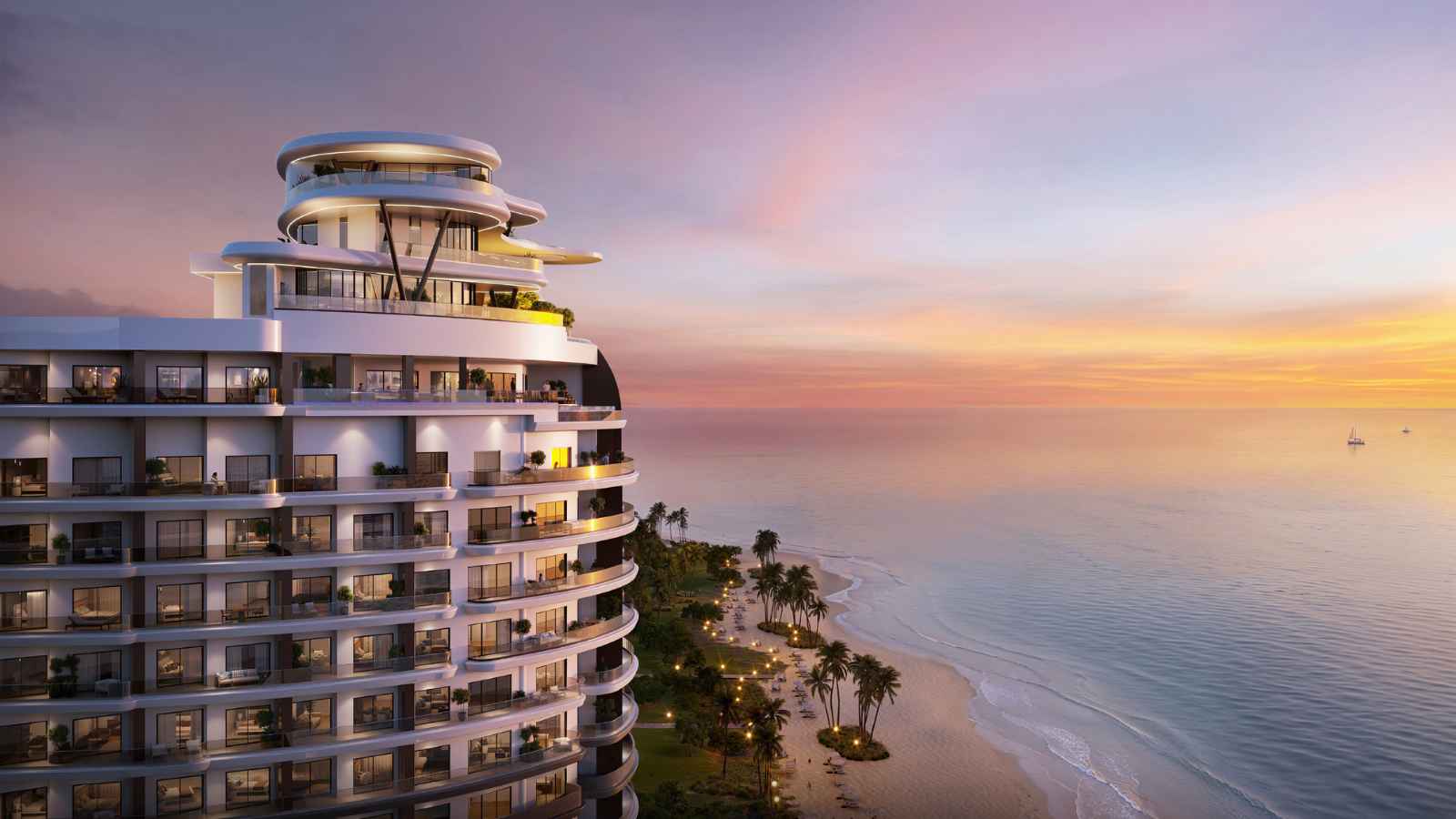Render exterior de la torre Aquamarine frente al mar en Juan Dolio