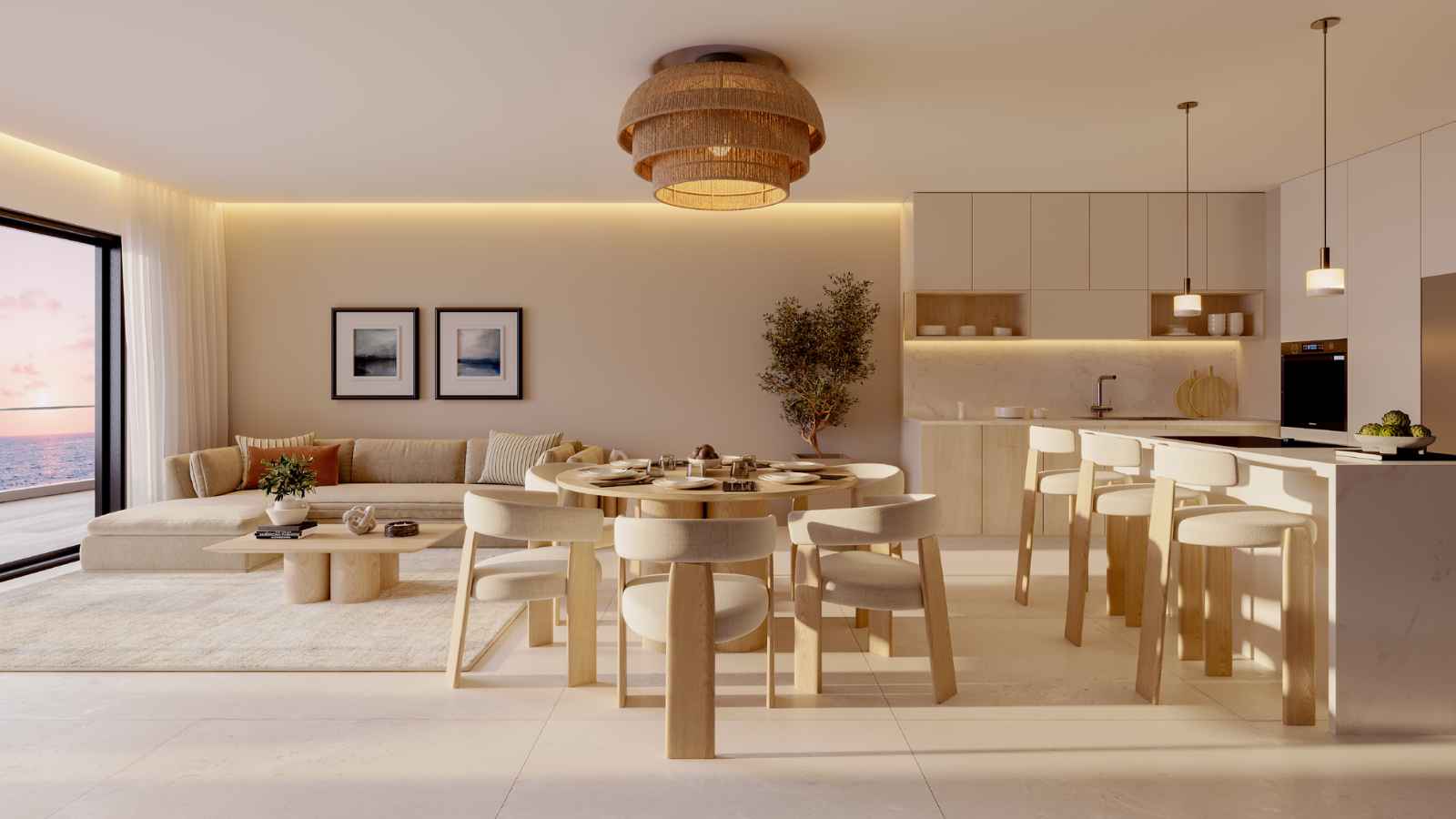 Render de sala, comedor y cocina de una residencia de Aquamarine